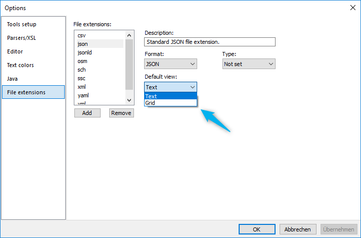 JSONBuddy for Windows Options dialog showing the File extensions page and the default Text or Grid view selector