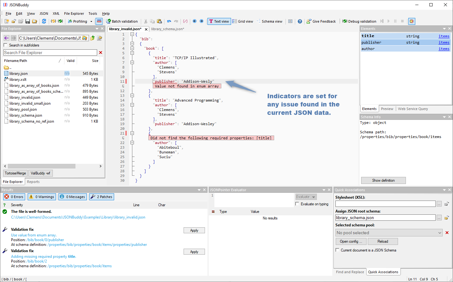 JSONBuddy for Windows editor showing inline JSON validation indicators