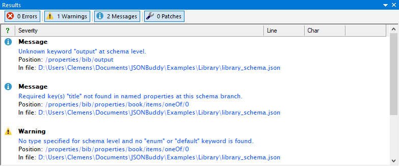 JSONBuddy for Windows showing JSON Schema analyzer findings in the Results pane