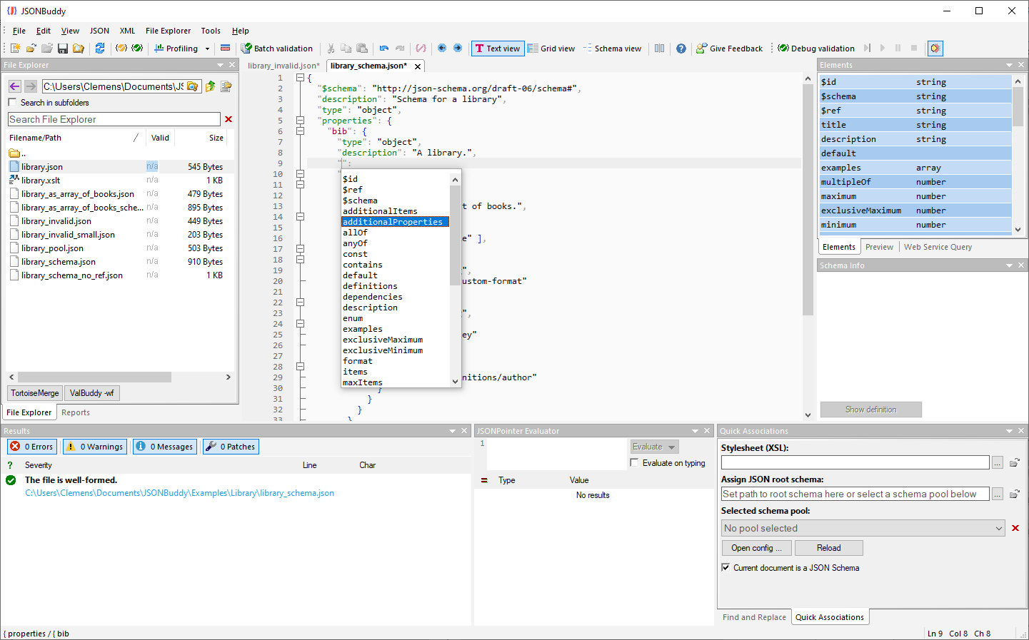 JSONBuddy for Windows showing a JSON Schema document with schema-aware syntax highlighting and the Quick Associations pane