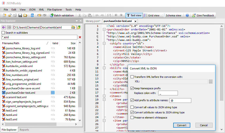 JSONBuddy for Windows showing JSON and XML conversion commands