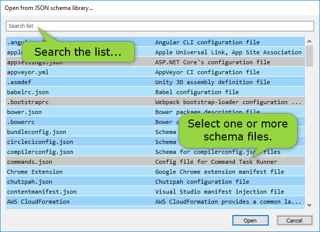 JSONBuddy for Windows open JSON Schema library dialog listing available SchemaStore schemas