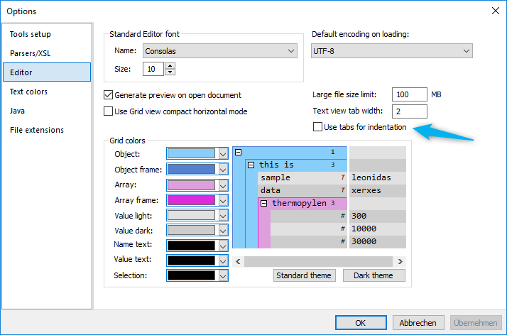 JSONBuddy for Windows Options dialog showing the indentation setting