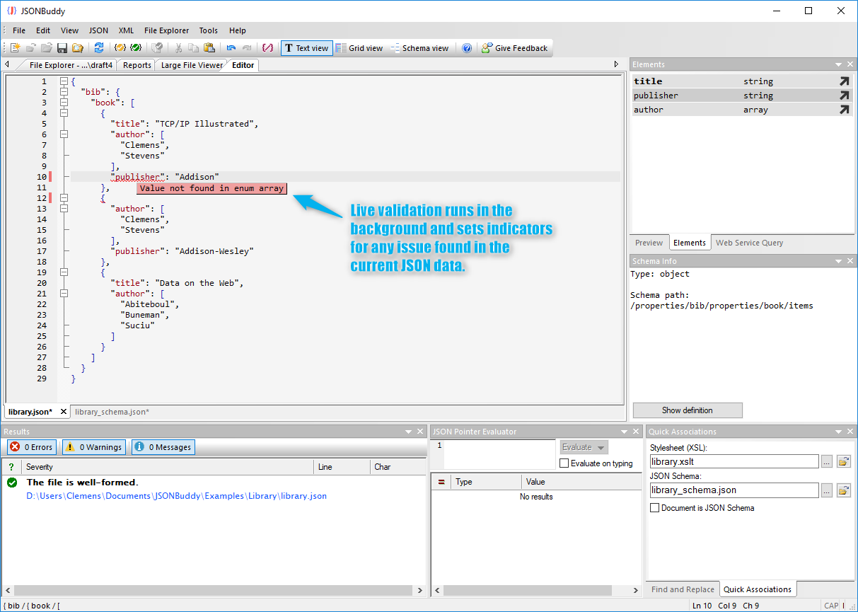 Live validation indicators beside JSON content in JSONBuddy