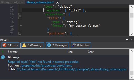 JSONBuddy for Windows displaying a JSON Schema diagnostic in the editor