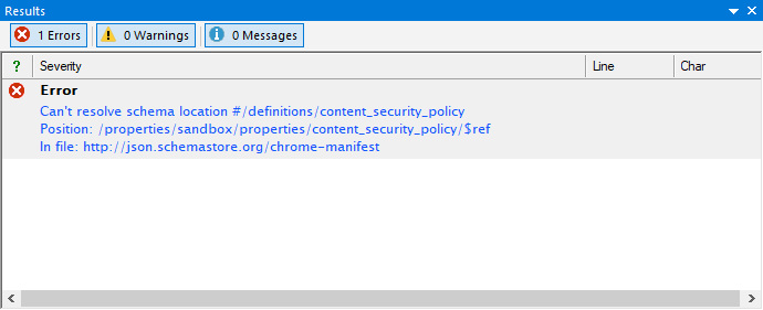 JSONBuddy for Windows Results pane reporting an unresolved JSON Schema reference and its missing JSON Pointer target