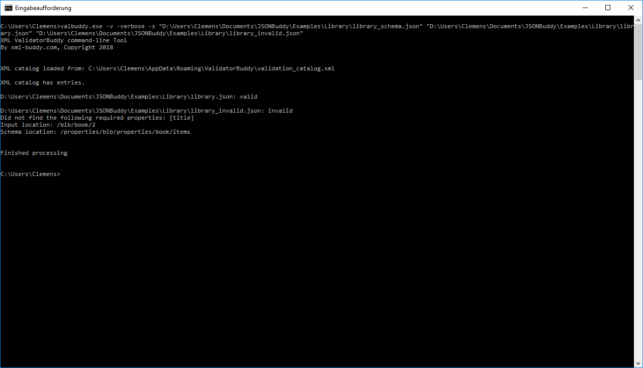 Windows Command Prompt running valbuddy.exe and reporting a JSON Schema validation error with JSON Pointer input and schema locations